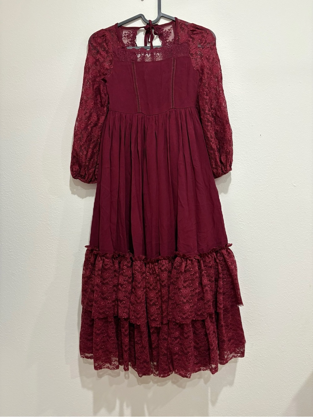 NWT Mia Joy Girls' maroon long ruffle lace Tiered Dress- size 8